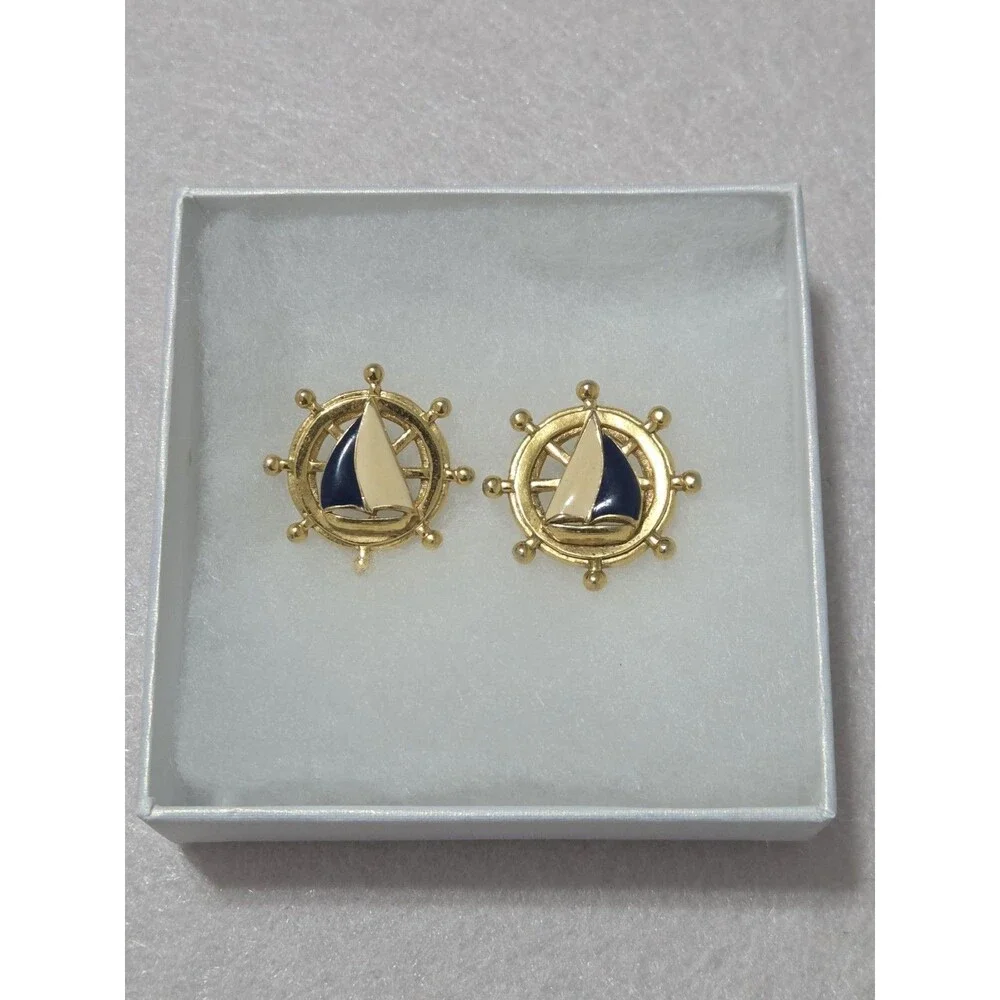 Vintage Avon Nautical Sailboat Earrings | Enamel Ship Wheel Studs
